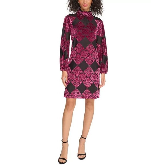 Vince Camuto Women's Burnout Velvet Balloon-Sleeve Chic Dress Black Fuchsia 10 - Picture 1 of 14